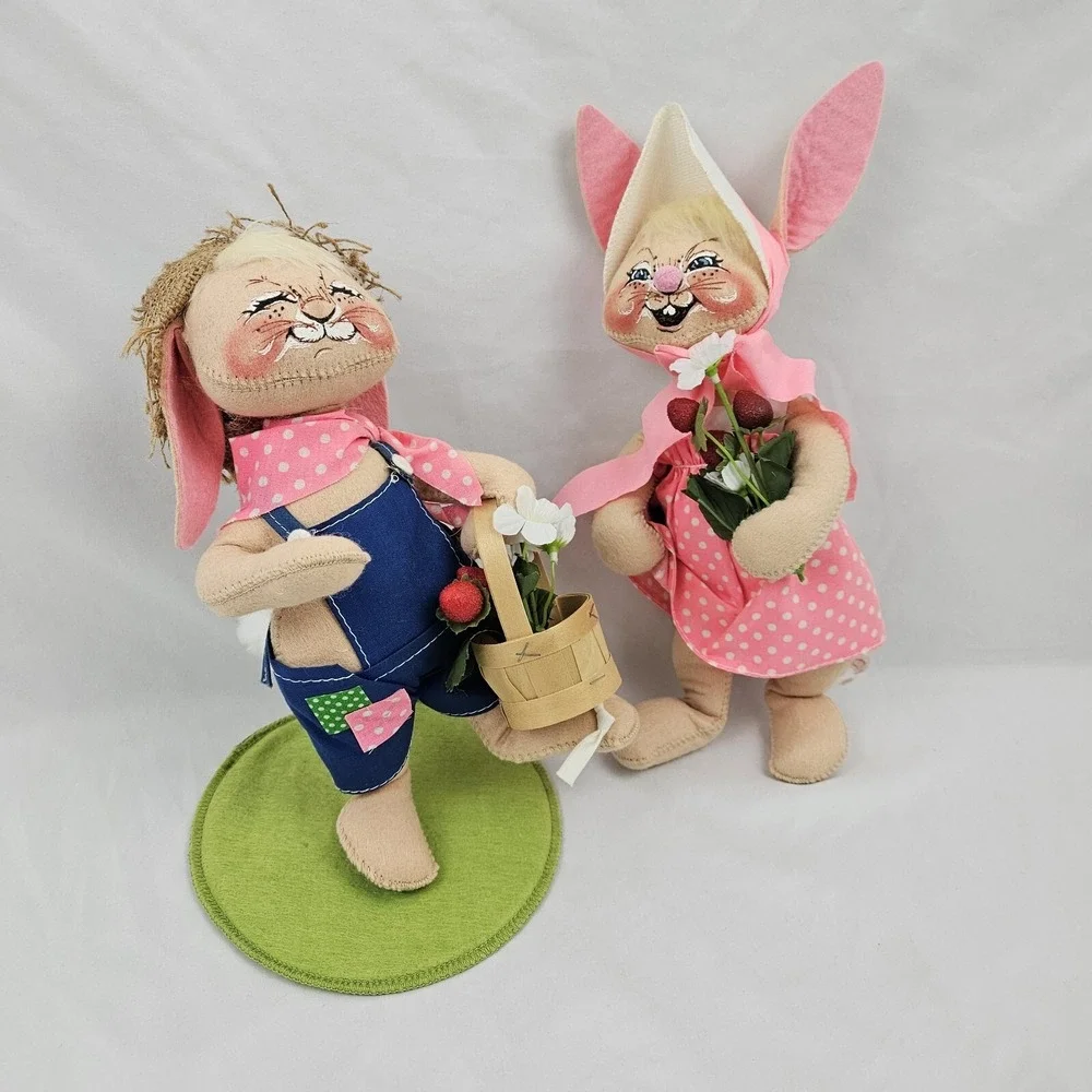 Annalee Mobility Dolls Farmer Rabbit Boy Girl Bunny Plush Vintage Easter